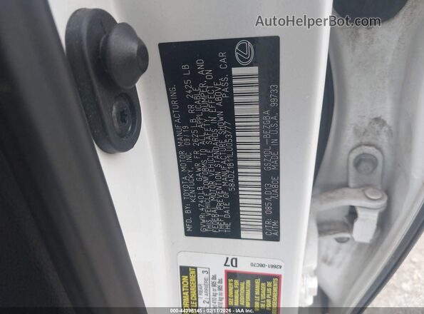 58ADZ1B11LU053777 2020 LEXUS ES 350 White Engine compartment view