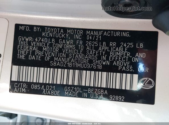 58ADZ1B11MU097618 2021 LEXUS ES 350 Белый Вид подкапотного пространства