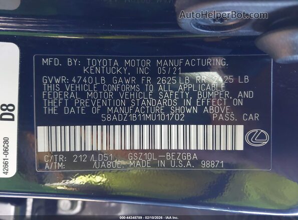 58ADZ1B11MU101702 2021 LEXUS ES 350 Black Widok komory silnika