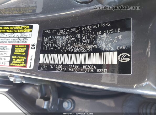 58ADZ1B16NU135751 2022 LEXUS ES 350 Серый Вид подкапотного пространства