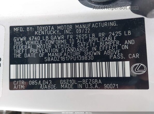 58ADZ1B17PU139830 2023 LEXUS ES 350 White ძრავის განყოფილების ხედი