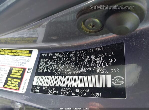 58ADZ1B18LU066221 2020 LEXUS ES 350 Gray 