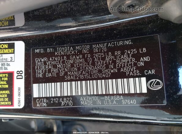 58AE21B15LU010407 2020 LEXUS ES 300H Black Вид підкапотного простору