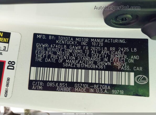58AEZ1B17MU084361 2021 LEXUS ES 350 White ძრავის განყოფილების ხედი