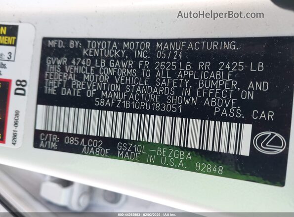 58AFZ1B10RU183051 2024 LEXUS ES 350 White Вид підкапотного простору
