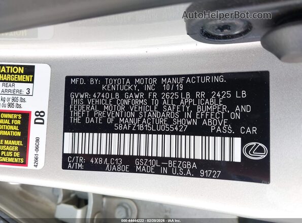 58AFZ1B15LU055427 2020 LEXUS ES 350 Золотой Вид подкапотного пространства