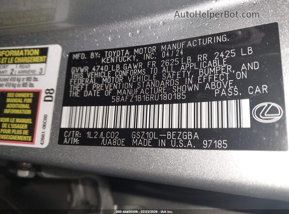 58AFZ1B16RU180185 2024 LEXUS ES 350 Серый Вид подкапотного пространства