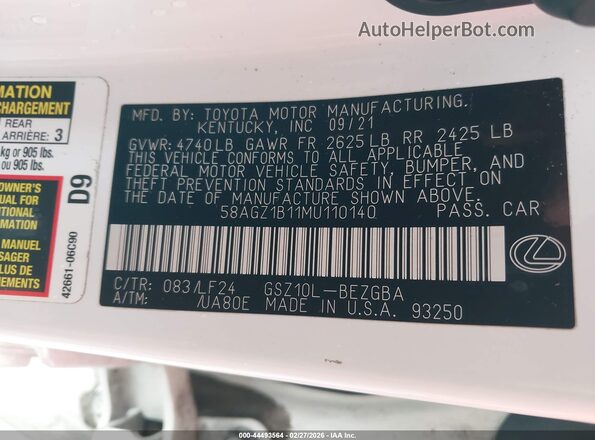 58AGZ1B11MU110140 2021 LEXUS ES 350 White Շարժիչի բաժամունքի տեսք