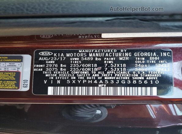 5XYPH4A53JG385610 2018 KIA SORENTO Maroon 