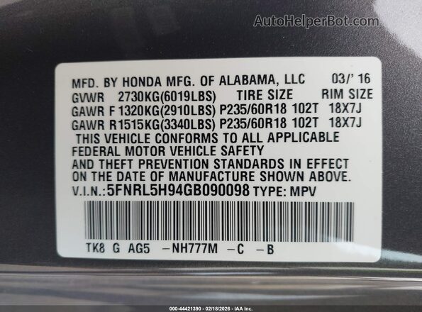 5FNRL5H94GB090098 2016 HONDA ODYSSEY Gray Widok komory silnika