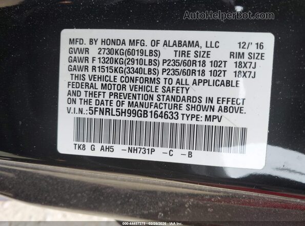 5FNRL5H99GB164633 2016 HONDA ODYSSEY Black 