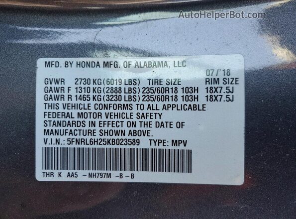5FNRL6H25KB023589 2019 HONDA ODYSSEY Gray 