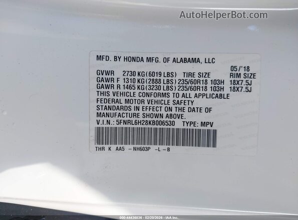 5FNRL6H28KB006530 2019 HONDA ODYSSEY White 