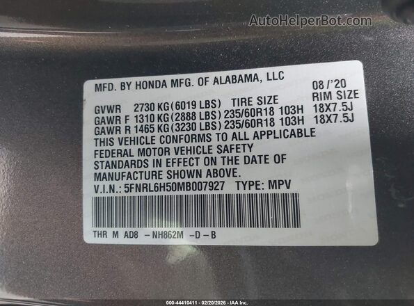 5FNRL6H50MB007927 2021 HONDA ODYSSEY Коричневый Вид подкапотного пространства