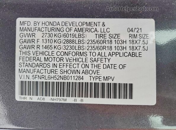 5FNRL6H52NB011284 2022 HONDA ODYSSEY Gray Vista de la etiqueta del VIN