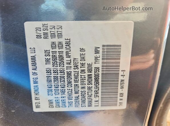 5FNRL6H56MB007558 2021 HONDA ODYSSEY Серый Вид наклейки с VIN-кодом
