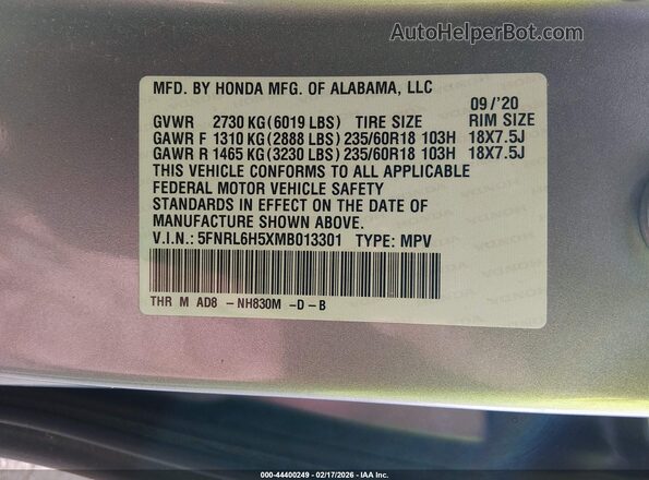 5FNRL6H5XMB013301 2021 HONDA ODYSSEY Gray Vista del compartimento del motor