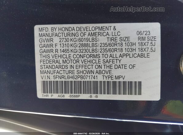 5FNRL6H62PB071741 2023 HONDA ODYSSEY Blue Շարժիչի բաժամունքի տեսք
