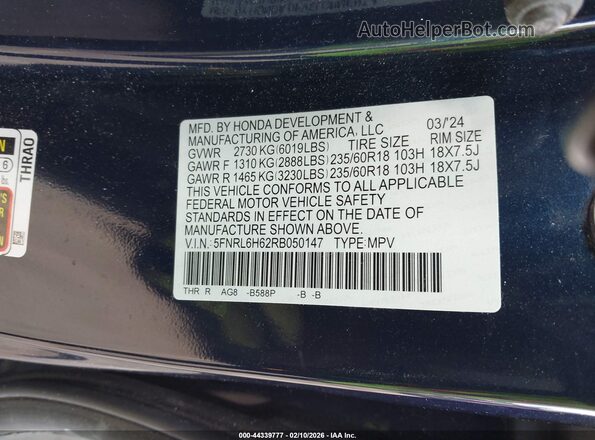 5FNRL6H62RB050147 2024 HONDA ODYSSEY Blue 