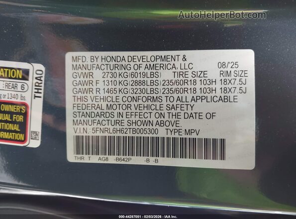 5FNRL6H62TB005300 2026 HONDA ODYSSEY Dark Blue 