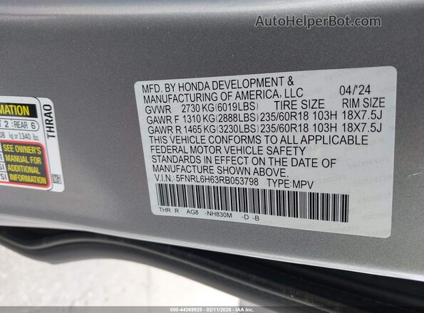 5FNRL6H63RB053798 2024 HONDA ODYSSEY Silver Engine compartment view