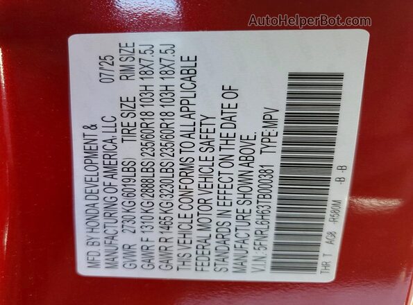 5FNRL6H63TB000381 2026 HONDA ODYSSEY Red VIN կոդի պիտակի տեսք