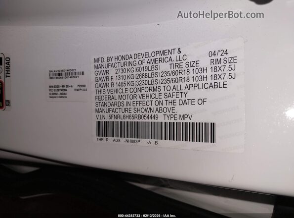 5FNRL6H65RB054449 2024 HONDA ODYSSEY White Շարժիչի բաժամունքի տեսք