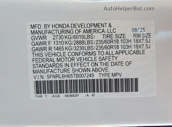 5FNRL6H65TB007249 2026 HONDA ODYSSEY Белый Вид наклейки с VIN-кодом