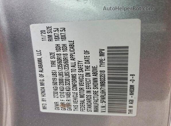 5FNRL6H71MB033518 2021 HONDA ODYSSEY Silver 