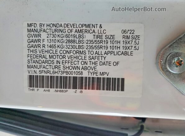 5FNRL6H73PB001058 2023 HONDA ODYSSEY White Vista interior de 360 grados