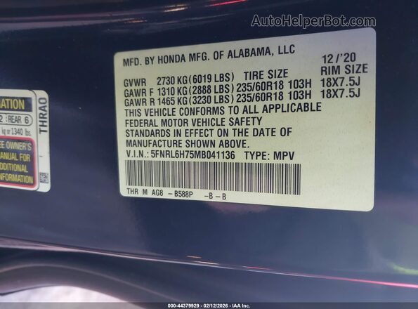 5FNRL6H75MB041136 2021 HONDA ODYSSEY Blue Вид підкапотного простору