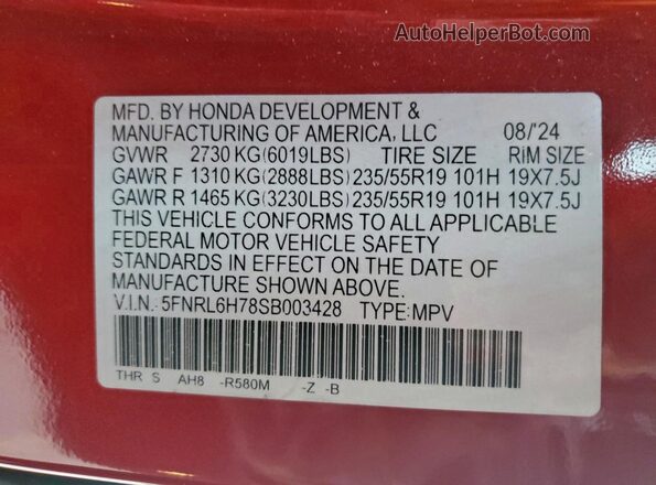 5FNRL6H78SB003428 2025 HONDA ODYSSEY Красный Вид наклейки с VIN-кодом