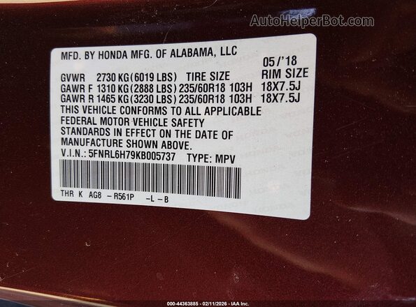5FNRL6H79KB005737 2019 HONDA ODYSSEY Burgundy 