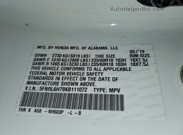 5FNRL6H79KB111072 2019 HONDA ODYSSEY White 