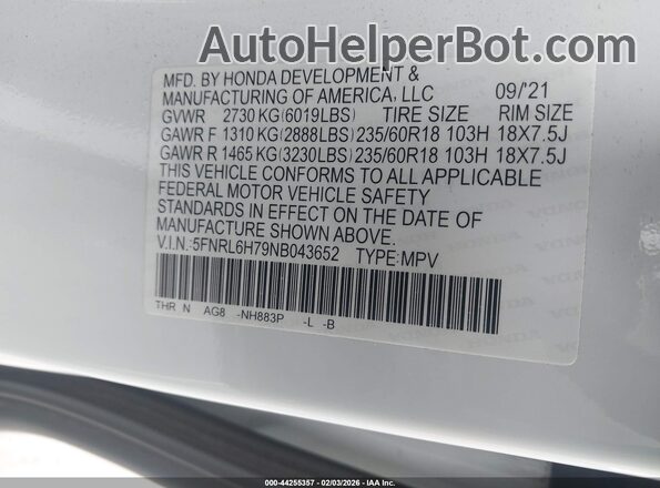 5FNRL6H79NB043652 2022 HONDA ODYSSEY White Вид підкапотного простору
