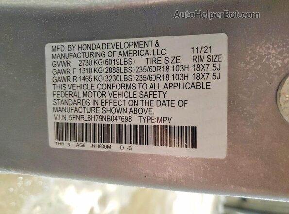 5FNRL6H79NB047698 2022 HONDA ODYSSEY Silver Widok wnętrza 360 stopni