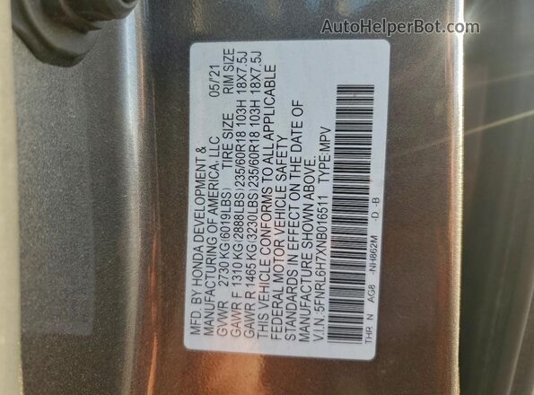 5FNRL6H7XNB016511 2022 HONDA ODYSSEY Gray VIN կոդի պիտակի տեսք
