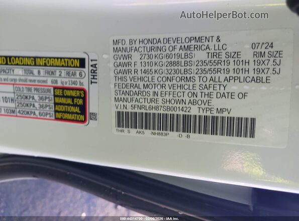 5FNRL6H87SB001422 2025 HONDA ODYSSEY White Widok komory silnika