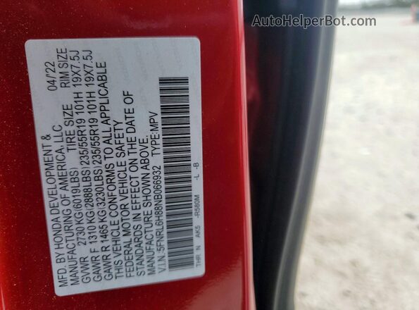 5FNRL6H88NB066932 2022 HONDA ODYSSEY Red VIN sticker view