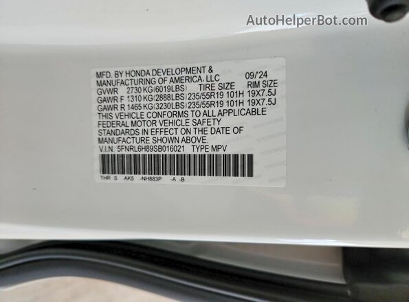 5FNRL6H89SB016021 2025 HONDA ODYSSEY White Вид наклейки з VIN-кодом