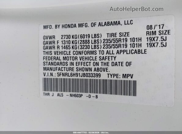 5FNRL6H91JB033399 2018 HONDA ODYSSEY White Widok komory silnika