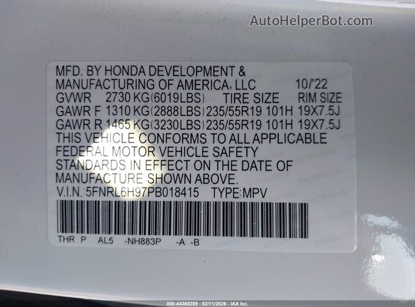 5FNRL6H97PB018415 2023 HONDA ODYSSEY White 