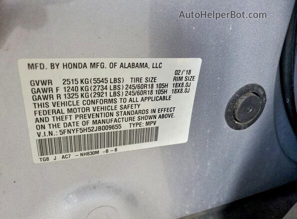 5FNYF5H52JB009655 2018 HONDA PILOT Silver 360 interior view