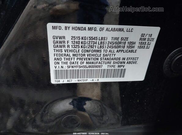 5FNYF5H55JB009097 2018 HONDA PILOT Black ძრავის განყოფილების ხედი