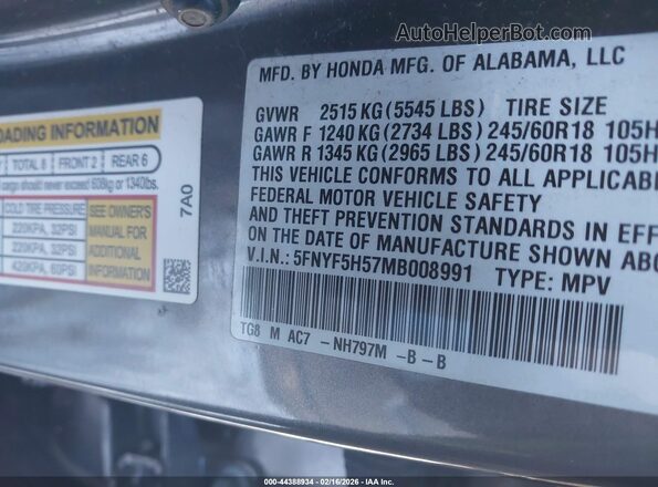 5FNYF5H57MB008991 2021 HONDA PILOT Gray Вид підкапотного простору