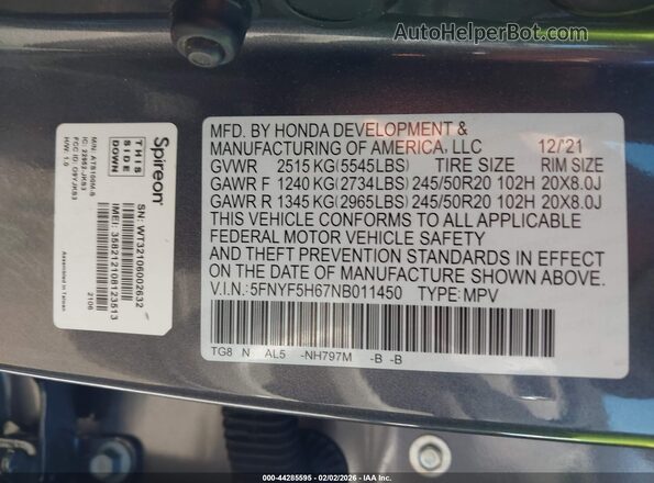 5FNYF5H67NB011450 2022 HONDA PILOT Серый Вид подкапотного пространства
