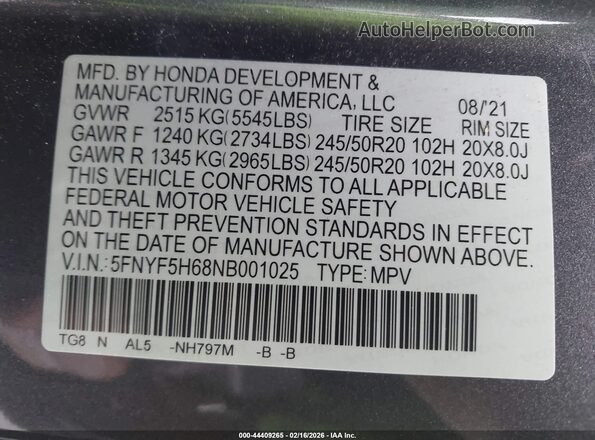5FNYF5H68NB001025 2022 HONDA PILOT Gray Widok komory silnika
