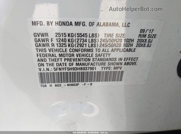 5FNYF5H93HB037901 2017 HONDA PILOT White 