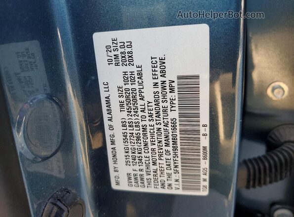 5FNYF5H98MB016665 2021 HONDA PILOT Blue Widok komory silnika