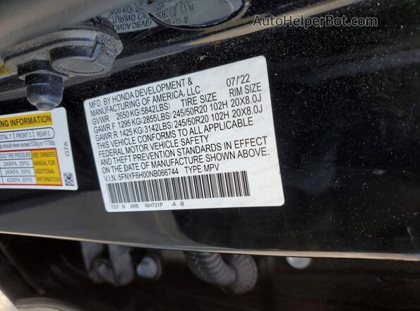 5FNYF6H00NB066744 2022 HONDA PILOT Black 